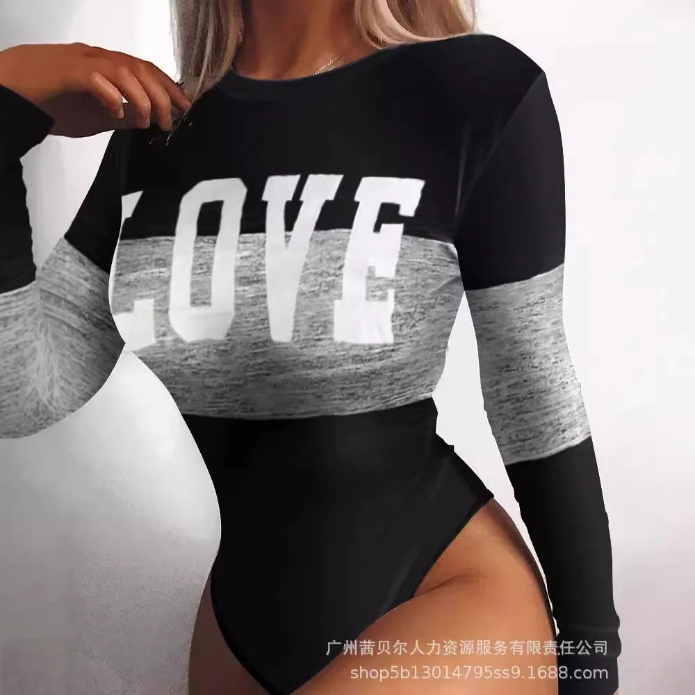 Kontrast druck Stram pler Body suits Frauen sexy O-Ausschnitt Langarm Slim passt sexy Body suits Tops lässig sexy Sheath Tops T-Shirts