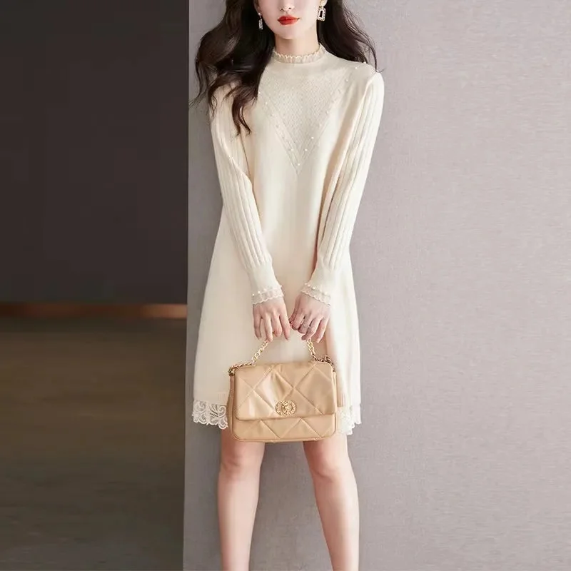 Abiti da donna Abito lavorato a maglia Autunno e inverno da donna Maglione a maniche lunghe con collo semi-alto Abito al ginocchio ispessito