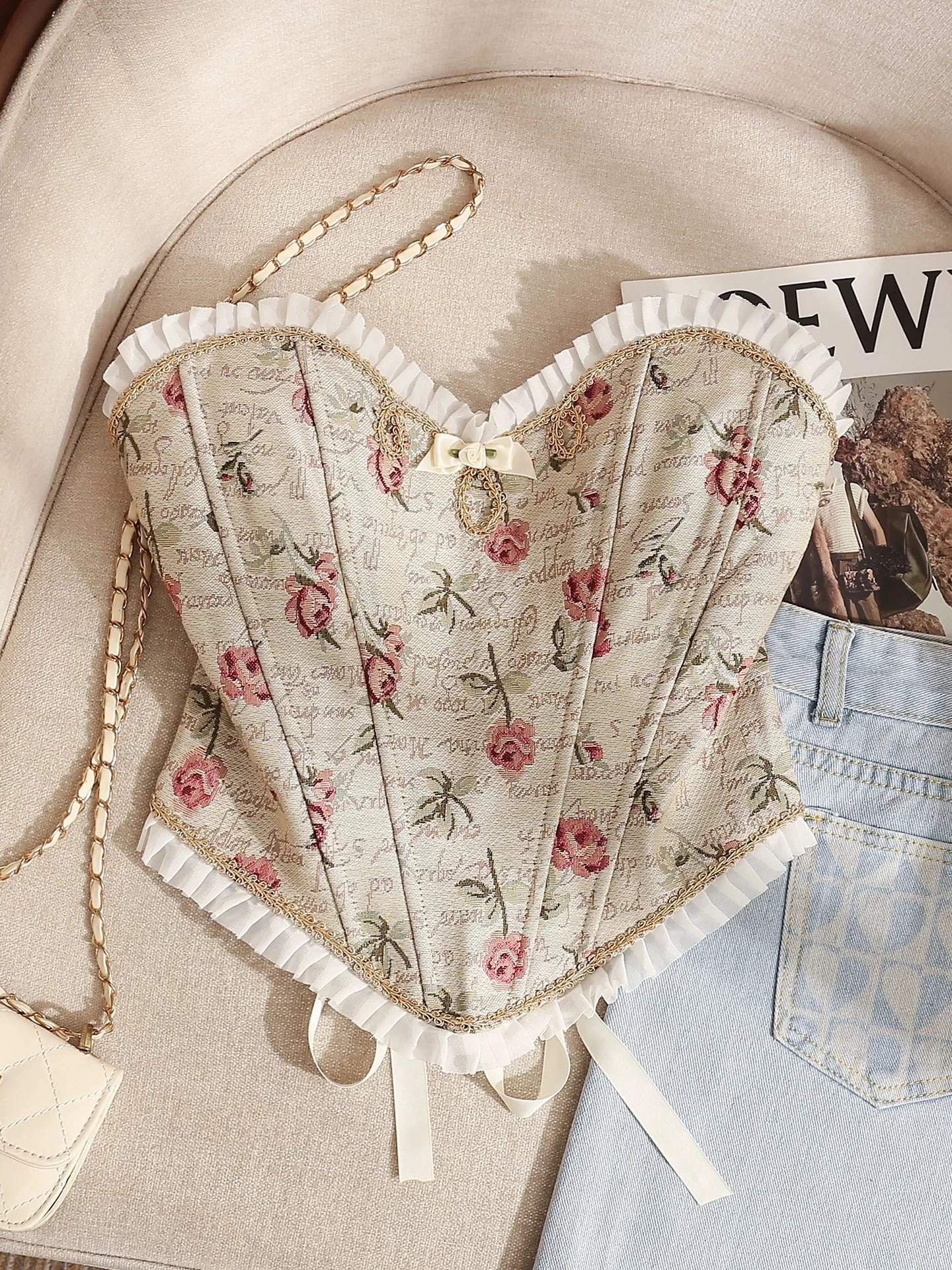 

Vintage French jacquard lace-up corsets, elegant and romantic rose bouquet corsets, patchwork ruffled tube top corsets,
