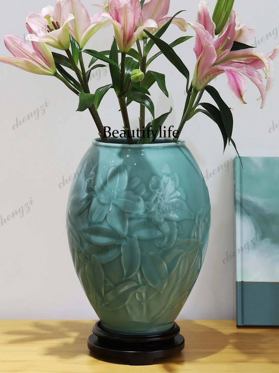 New Chinese relief lily vase home decoration flower ware handmade ceramic vase