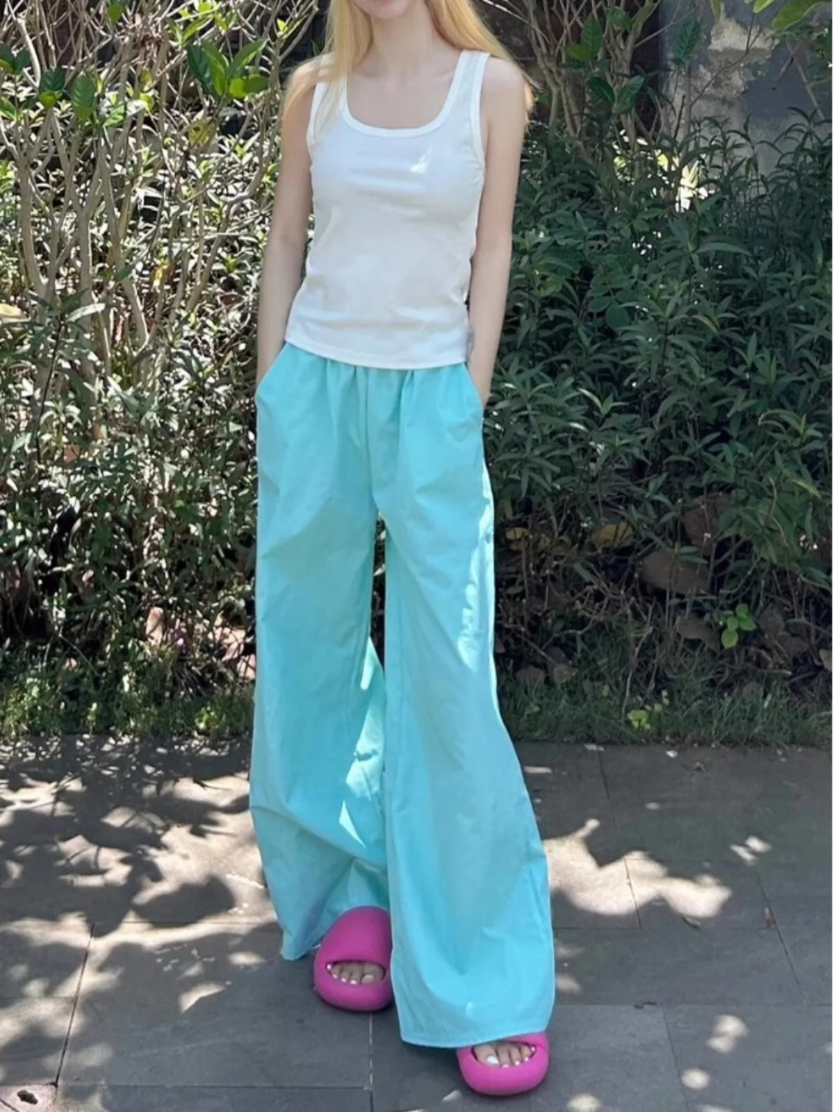 Lake Blue Ice Silk Harem Pants Women's Summer Thin American Lazy Wide Leg Casual Sun Protection Walking Multi-dopamine Pants