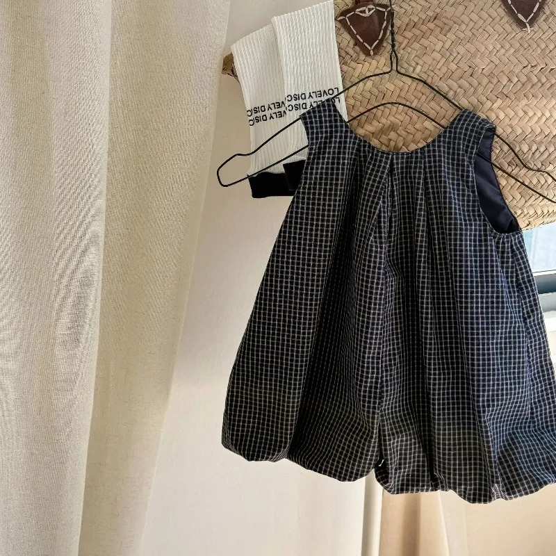 New Summer Children Plaid Lantern Jumpsuits Sleeveless Loose Korean Style Baby Girls Casual Bodysuits - view 2