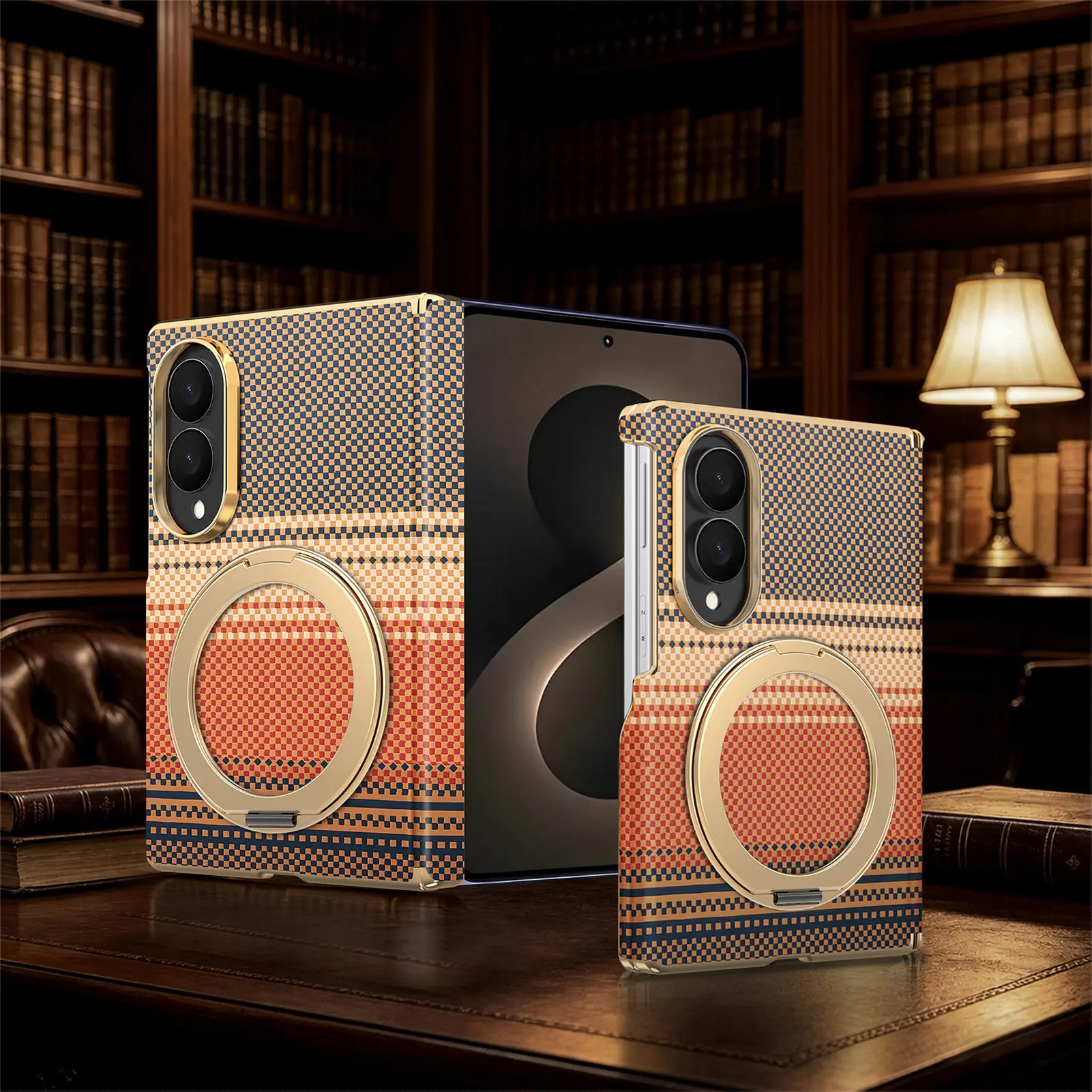 For Samsung Galaxy Z Fold 8 Plaid Leather Phone Case Magnetic Auto-Rebound Hinge Cover 360° Rotation Kickstand Camera Protection