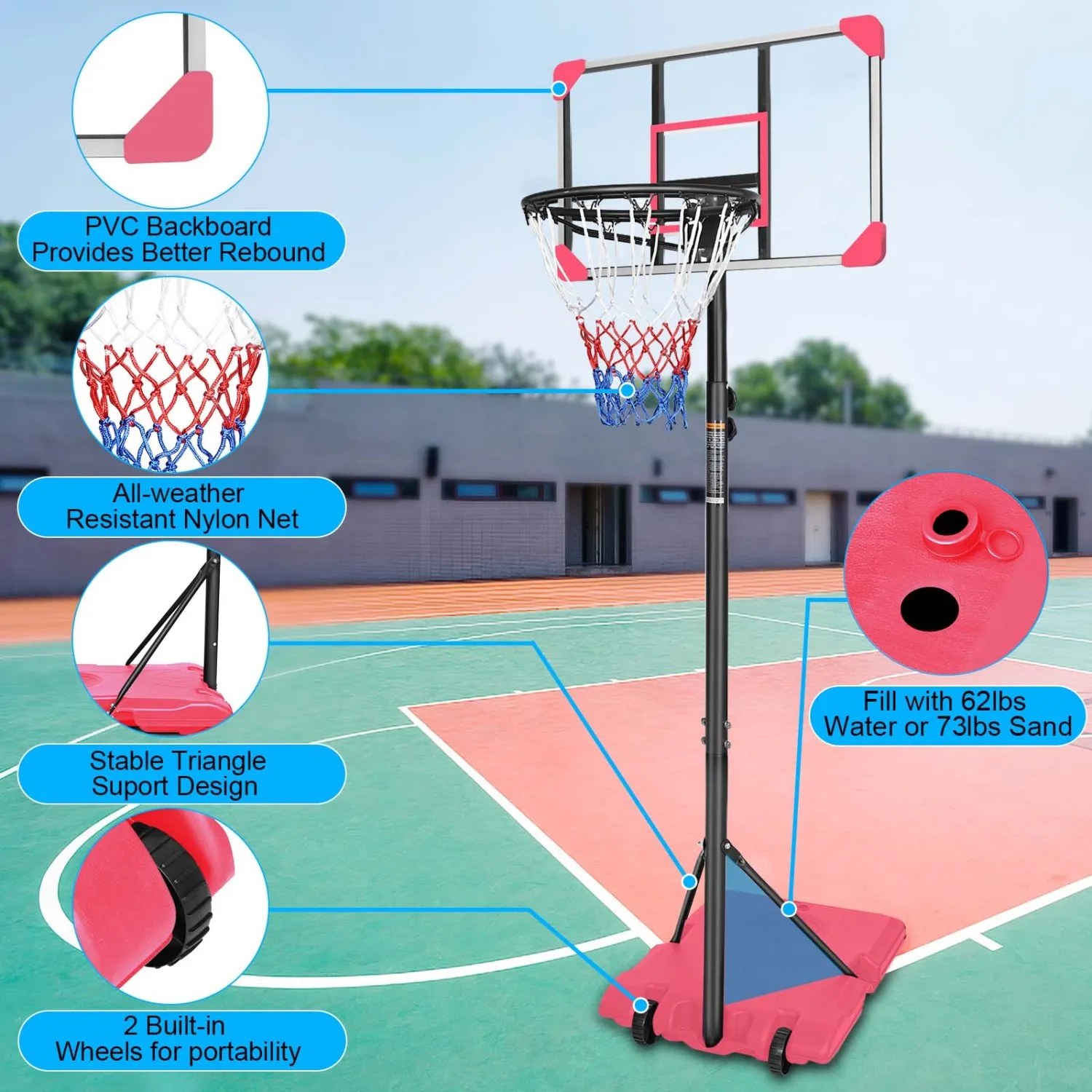 Portable Basketball Goal System with Stable Base, Wheels, Adjustable Height 5.6-7ft Hoop for Indoor/Outdoor Teenagers, Youth - 2