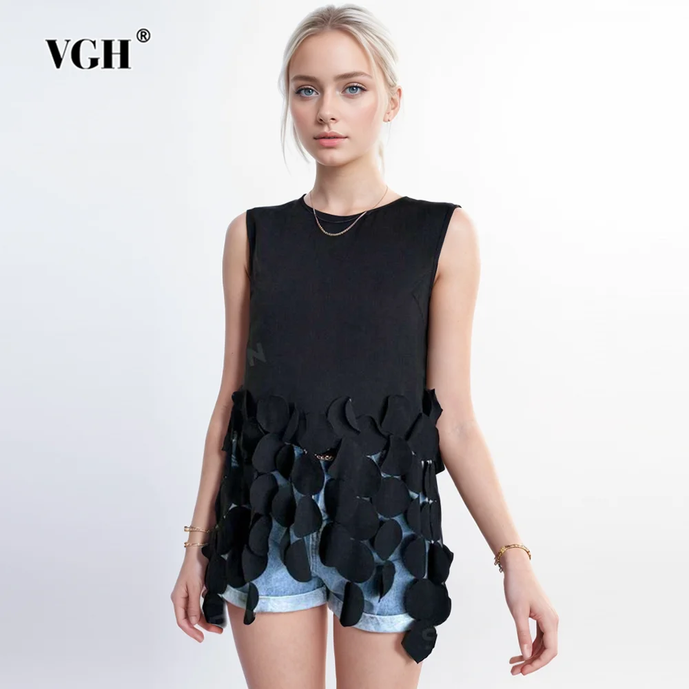 

VGH Solid Spliced Tassel Casual Tank Tops For Women Round Neck Sleeveless Patchwork Zipper Minimalist Slimming Vests Female New