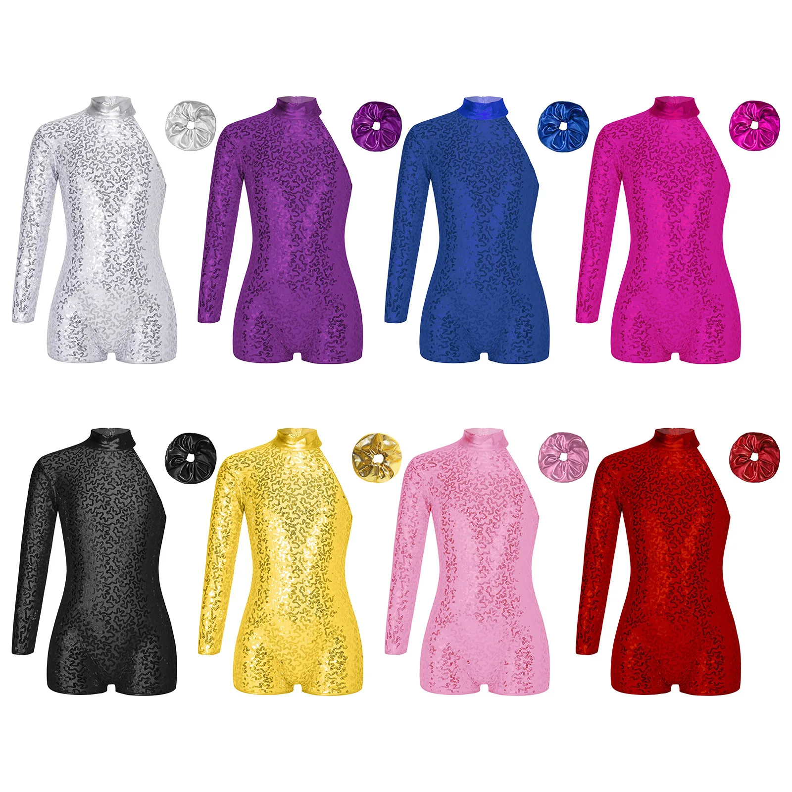 

Kids Girls Jazz Dance Leotard Outfit Shiny Sequins One Shoulder Long Sleeve Invisible Zipper with Hair Band Gymnastic Costume