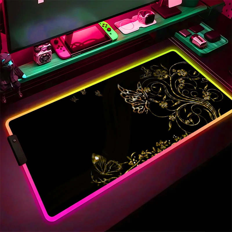 

RGB светодиодный коврик для мыши, компьютерный геймер, аксессуары для ПК, коврик для мыши, резиновый удлиненный коврик HD, нескользящий настольный коврик, коврик для клавиатуры ноутбука с бабочкой