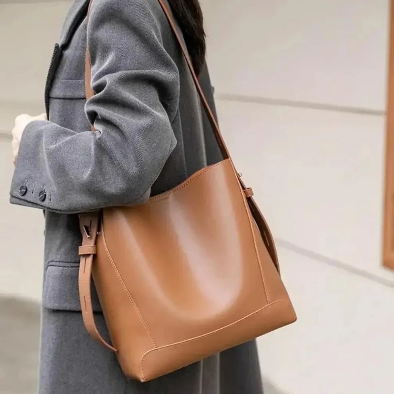 

Винтажная сумка-ведро большой вместимости, простая универсальная женская однотонная удобная сумка с широким плечевым ремнем