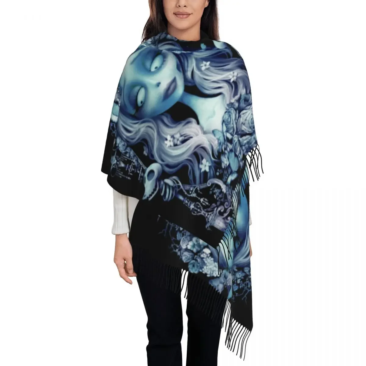 Wedding In The Night Corpse Bride Scarf Wrap for Women Long Winter Warm Tassel Shawl Ghost Film Tim Burton Skeleton Scarves