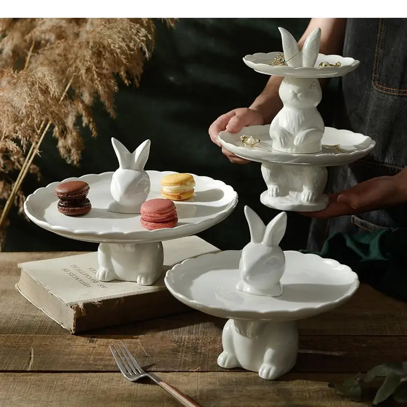 

Ceramic Rabbit Trays Decorative Food Storage Tray Dining Table Desktop Dessert Plate Afternoon Tea Snacks Stand Fruit Plate