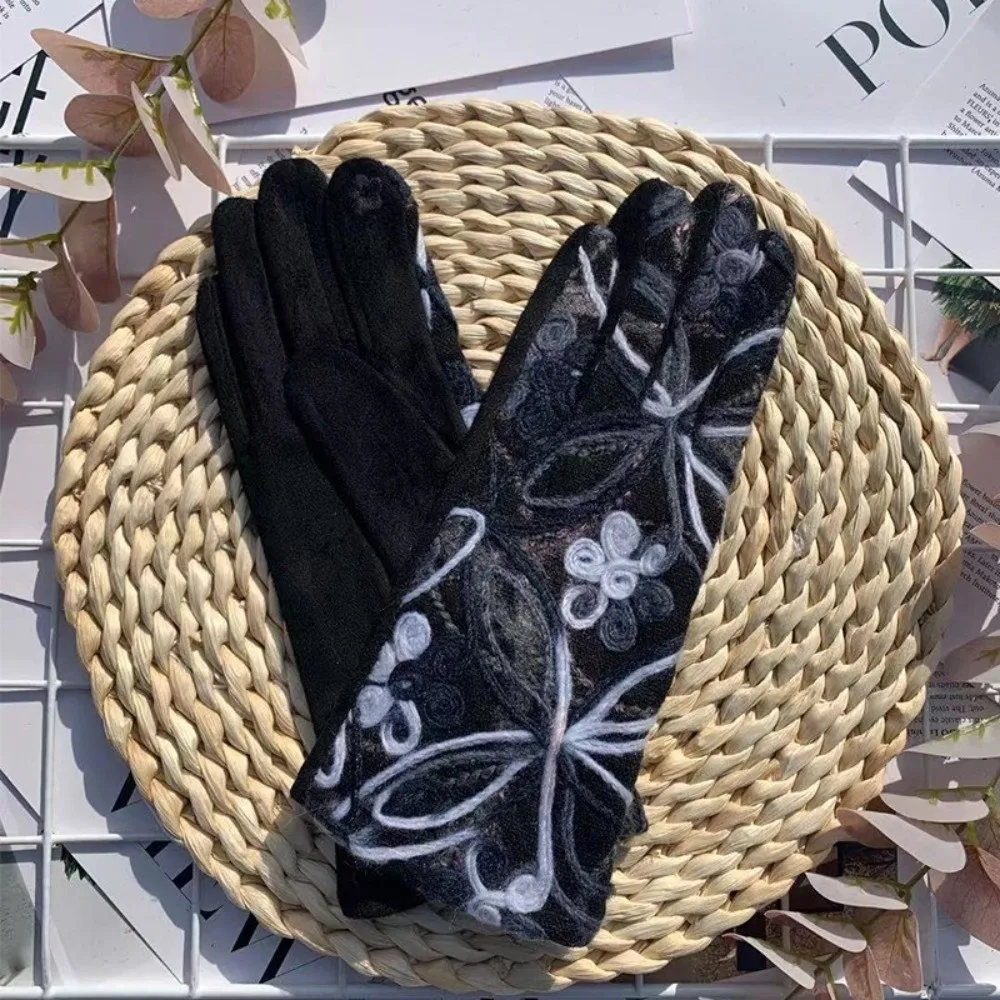 العرقية نمط المطرزة قفازات دافئة شاشة تعمل باللمس نمط ملون في الهواء الطلق قفازات ركوب الدراجات كامل فنجر رشاقته النساء القفازات #2