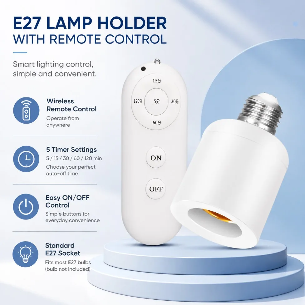 E27 60W Wireless Remote Control Smart Timer Lamp Holder AC110V-220V For Baby Room Bedroom Home Multi Light Control Switch Socket