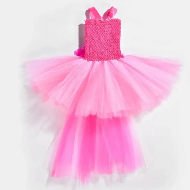 Tropical Flamingo Fancy Tulle Gown with Trailing Hem, Delicate Feather Ornament and Hair Bow for Masquerades and Holiday Shoots