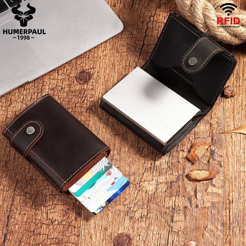 Crazy Horse leather coin wallet RFID card box real leather square buckle portable credit security brush business small wallet