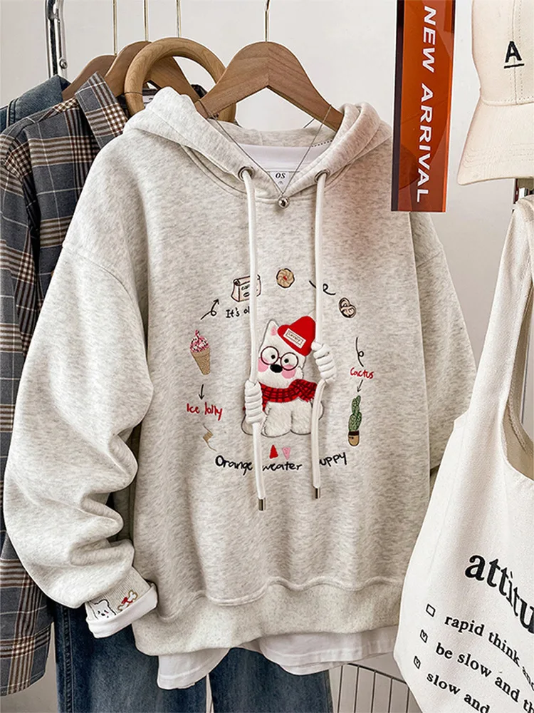 

Модная женская толстовка с вышивкой и капюшоном на флисовой подкладке, осенне-зимняя, утепленная, свободного кроя, универсальная, Sli Agel Top