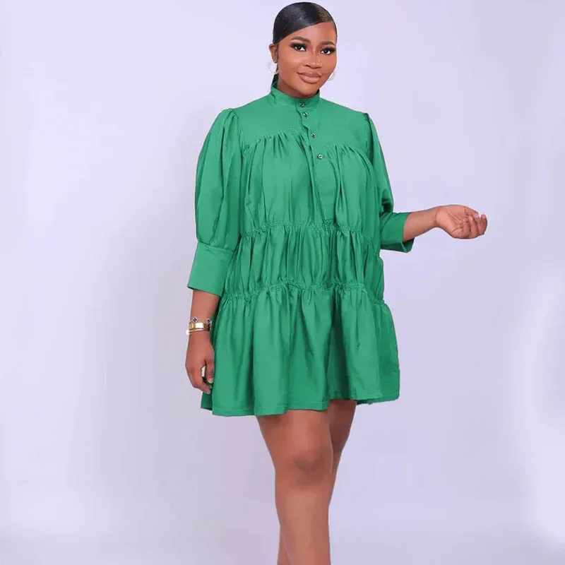 Streetwear Effen Shirt Jurk Met Lange Mouwen Vrouwen Button-Up Stand Kraag Driekwart Mouw Losse Casual Grote Swing Babydoll Jurk