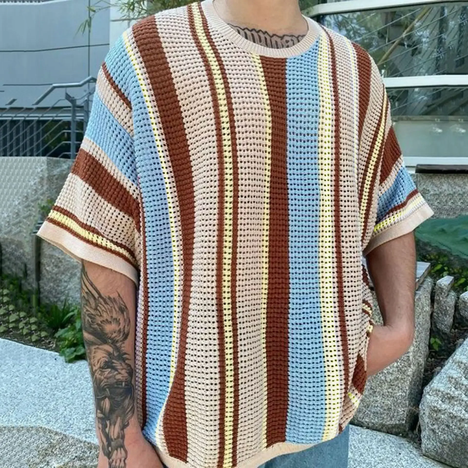 Mens Top Summer New Knitwear Round Neck Short Sleeved Thin Knit T-shirt for Men