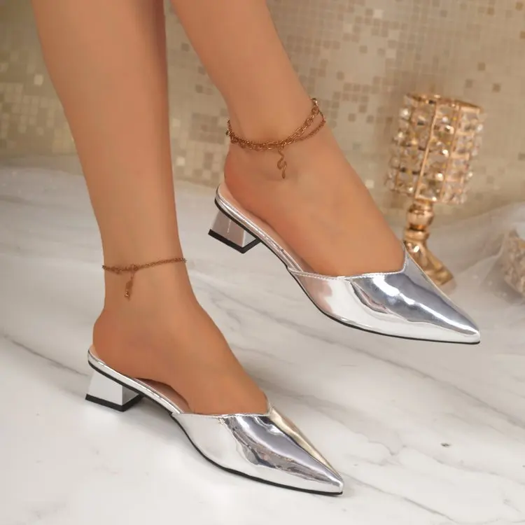 Spitze Damen-Mules, Modische Gold- und Silber-Sandalen, Elegante Kleider-Sandalen mit Quadratischem Niedrigem Absatz, Slip-On Schuhe für Damen – Detail 11