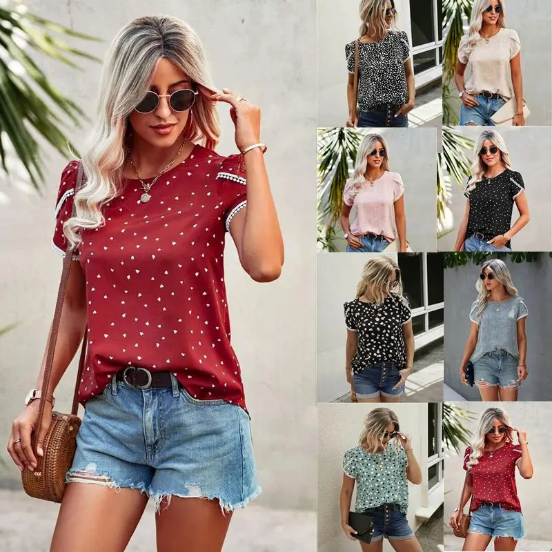 

Summer Casual Women's T-irt ort Sve round Ne Print Top Floral Sve Straight Cut ort Length Other Fabric Ladies Tee