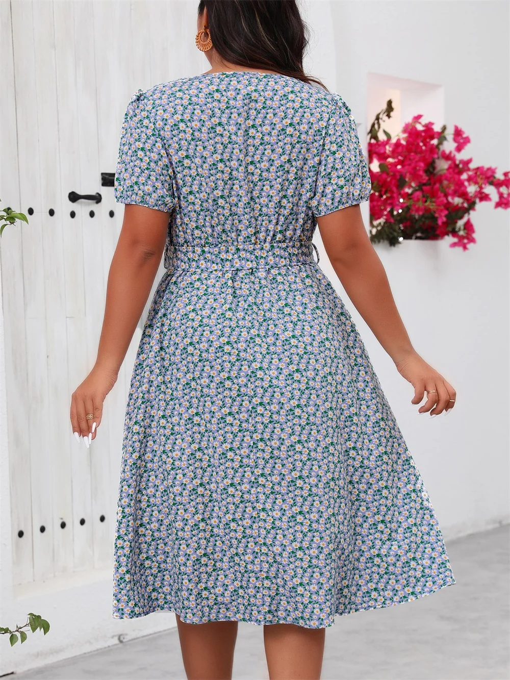 GIBSIE Plus Size Women's Ditsy Floral Summer Dress Vintage Holiday Print Square Neck Short Sleeve Belted Midi A-Line Dresses