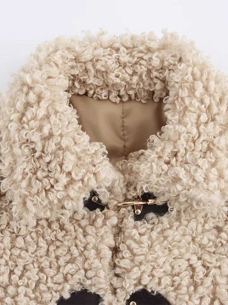 2025 women's clothing design knot buckle fleece warm long sleeves soft waxy lambskin lazy style short coat