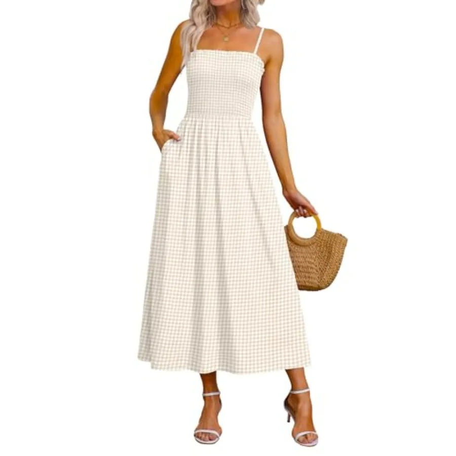 

OFEEFAN Womens Spaghetti Strap Maxi Dresses Smocked with Pockets 2026 Summer Spring Casual Beach Long Sundresses