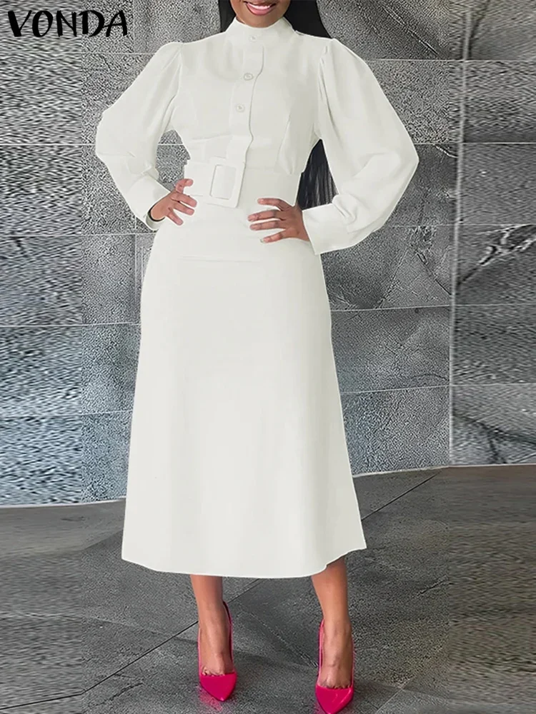 

Плюс размер 5XL VONDA женское элегантное платье 2024, офисный сарафан с длинным рукавом, однотонный, оверсайз, повседневный халат с воротником-стойкой