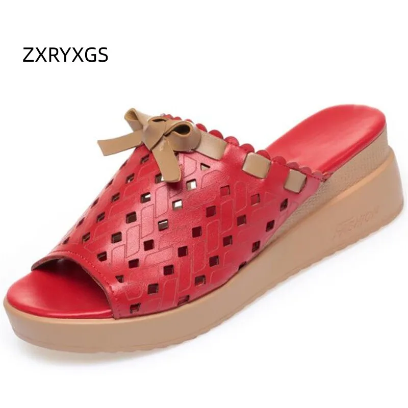 

ZXRYXGS Elegant Comfort Wedges Slippers Women Sandals 2023 Large Size Sweet Bow Breathable Real Leather Slipper Fashion Sandals