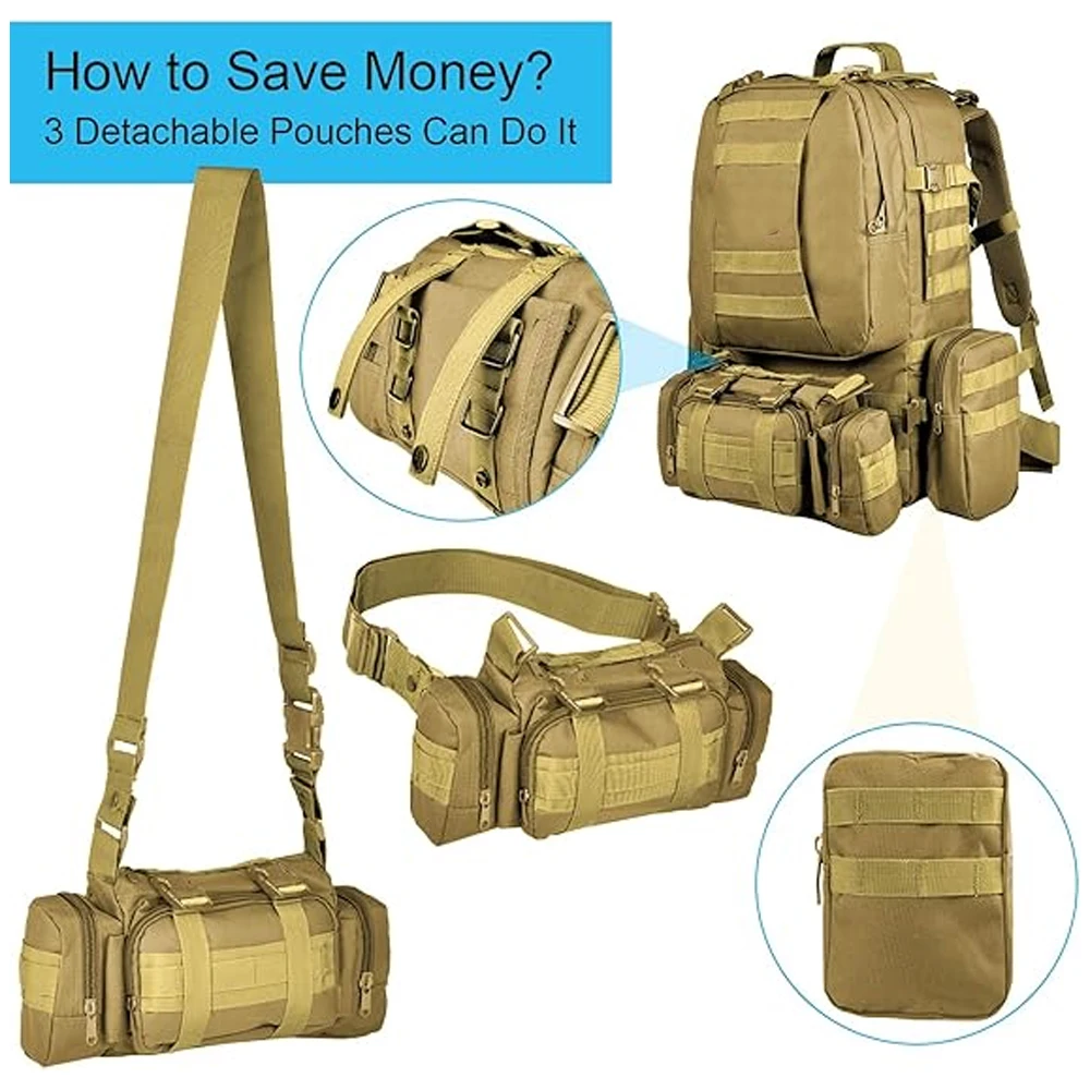 Tactical Backpack Outdoor Camouflage Backpack 60L Large Assault Bag Detachable 4-in-1 Trekking Backpack