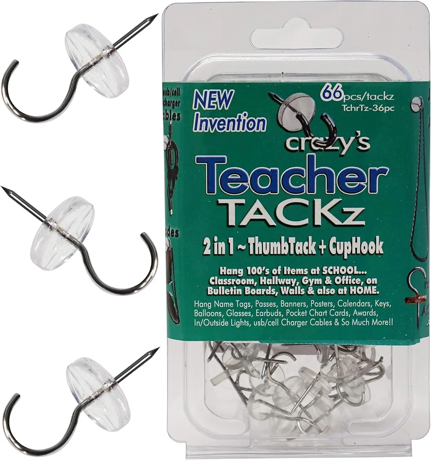 

2-in-1 Push Pin Hook Tacks for Classroom Office Home - 66 Pack Invisible Thumb Tacks with Hook for Hanging Signs Banners