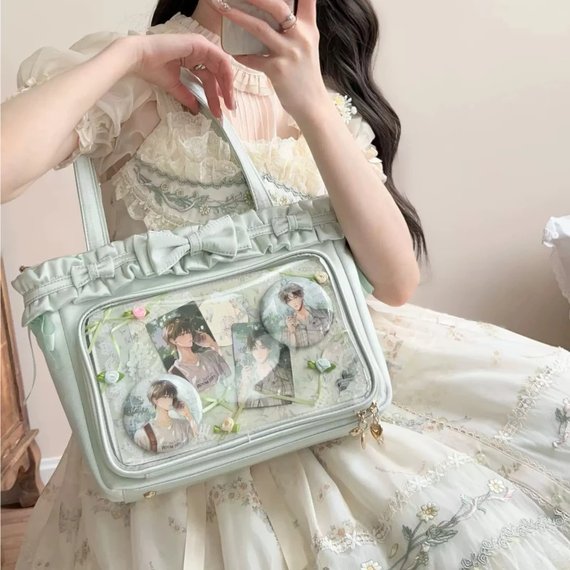 Japanese Original Sweet Satin Lolita Bow Frilly Tote Women's Bag Crossbody Shoulder Solid Color Versatile Lta Bag for Female