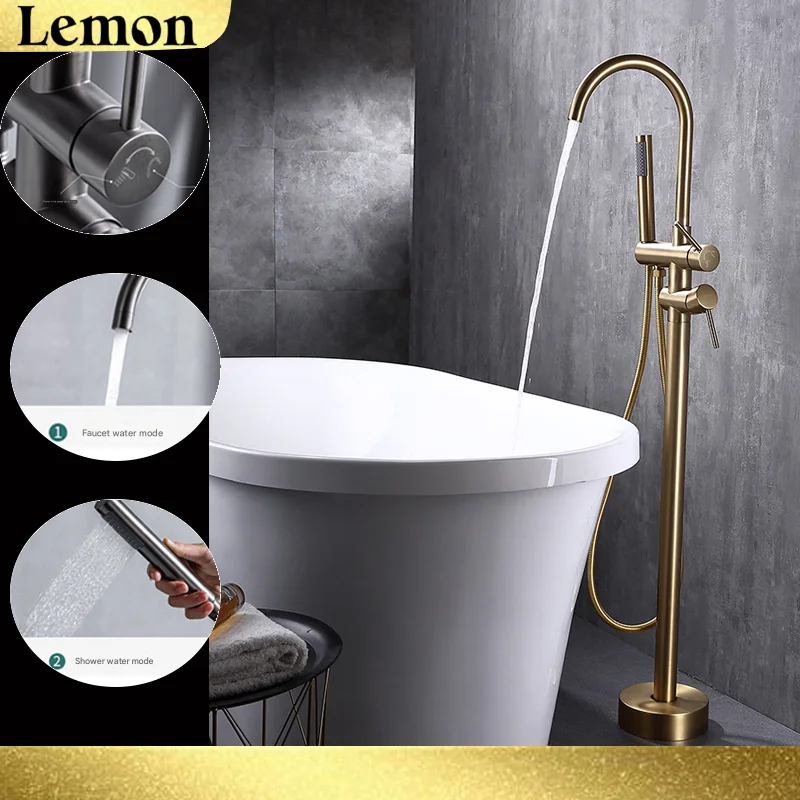 

CHOOXIWU-Brushed Gold Bathroom Shower Flooring Standing Faucet Floor Mount Bathtub Shower Faucet Brass Dual Handle Tub Mixer Tap
