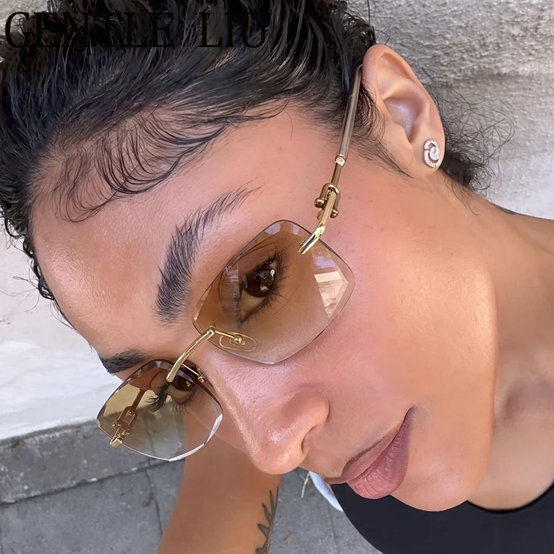 Small Frame Rectangle Rimless Sunglasses Women 2026 Luxury Designer Vintage Y2K Punk Sun Glasses Driving Eyewear Shades UV400