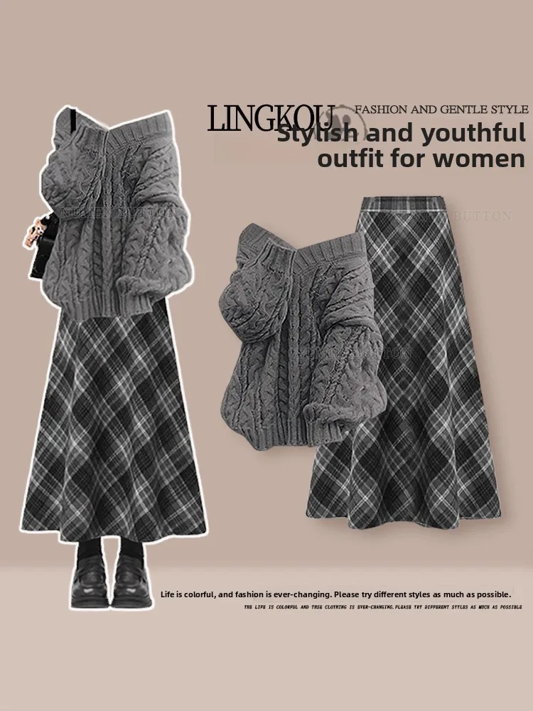 Stunning Large Size Autumn Knitted Sweater And High Waist Plaid Skirt Set Women's Fashion V-Neck Two-Piece Ensemble