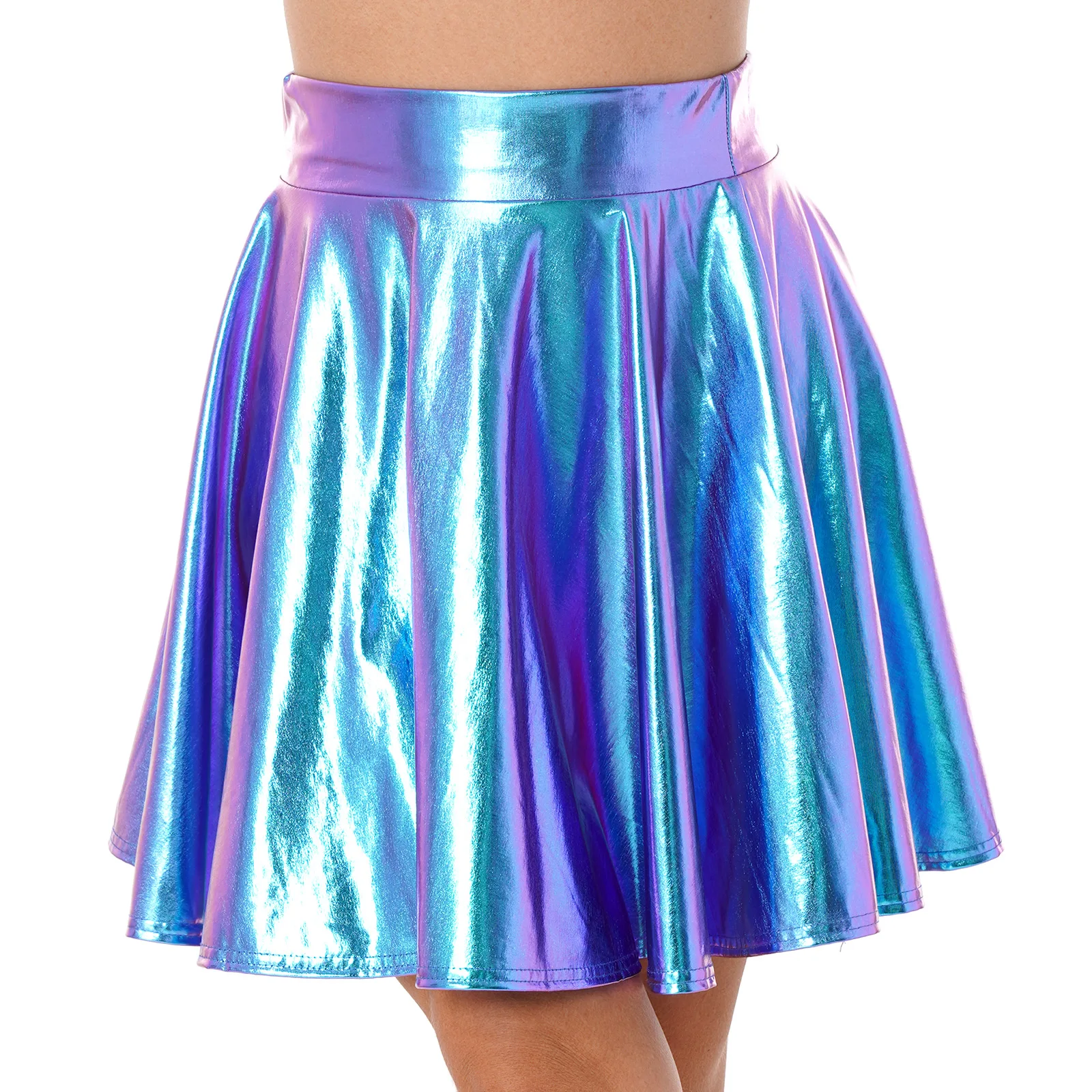 Vrouwen Wetlook Rok Korte Mini Rok Shiny Metallic Geplooide Rok Hoge Taille Flare Rok Dance Party Rave Club Bar kostuum