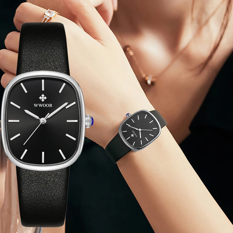 WWOOR New Luxury Black Leather Watch For Women Dress Elegant Watch Casual Women Bracelet Wristwatch Female Gift Relogio Feminino