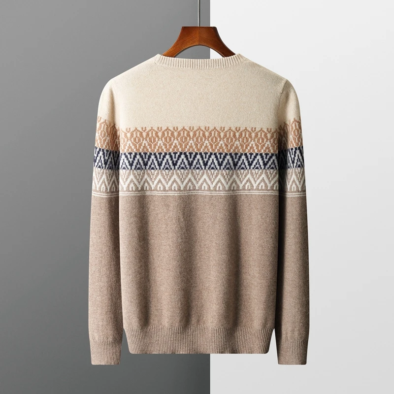 Men's 100% Merino Wool Sweater O-neck Retro Jacquard Pullover Cashmere Knitted Sweatshirt Autumn Winter Casual Long Sleeve Tops