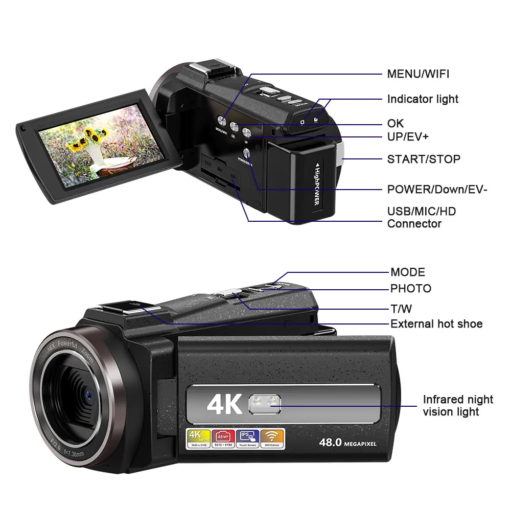 Webcam d'extérieur 4K HD, appareil photo portable, avec fonction wifi, Flip Mino, vidéo numérique populaire