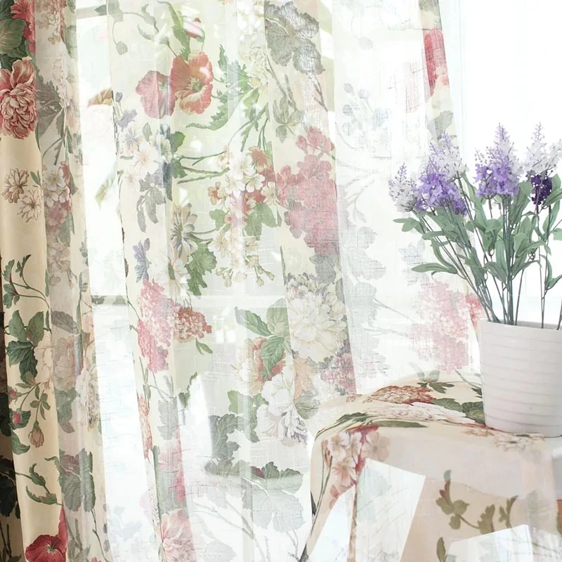 American Retro Peony Flowers Sheer Tulle Bedroom Blackout Printing Curtains For Living Room Kitchen Door Windiw Drapes Curtain