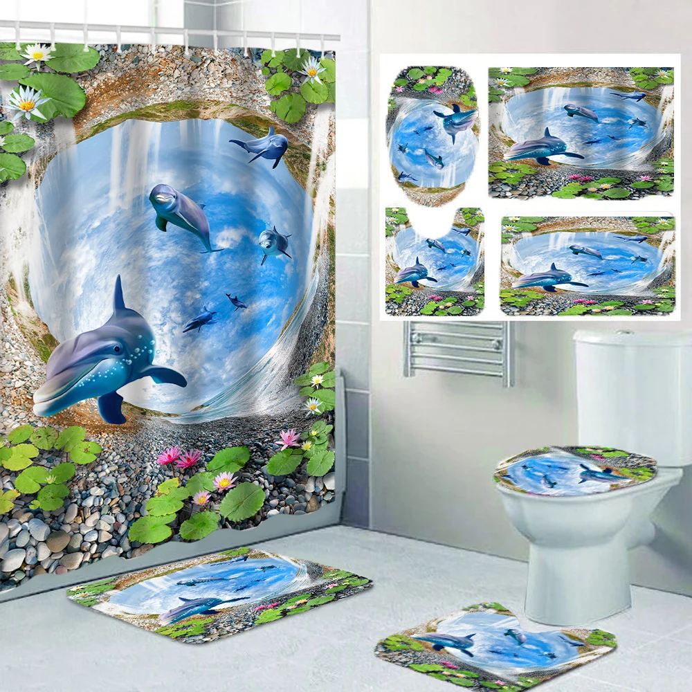 

1/4 marine organism shower Curtains, Toilet Seat Decoration, Shower Curtain with Carpet and Toilet Lid, 12 70.8x70.8 inch Hooks