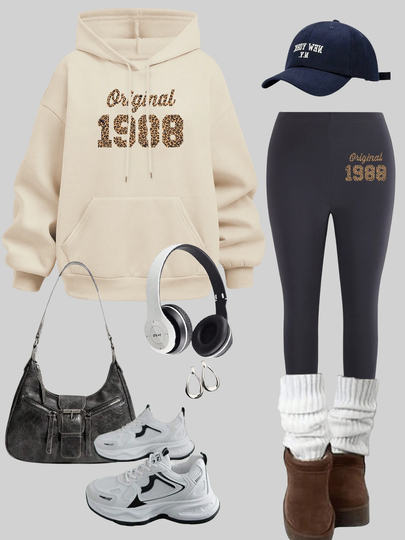 Conjunto de sudaderas con capucha con diseño de letras artísticas originales para mujer, ropa deportiva informal de otoño, jersey grueso de lana, leggings de hip hop que combinan con todo, 1988