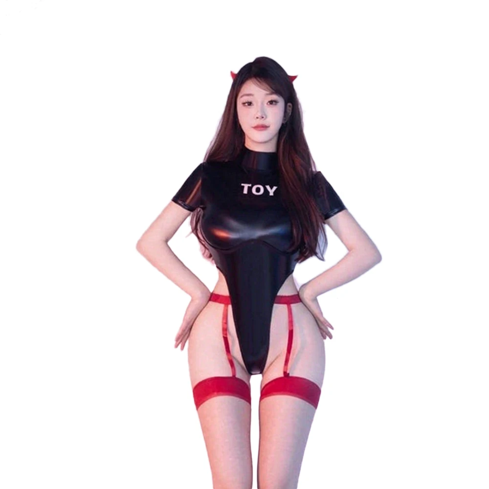 Fashion Women PU High Cut Bodysuit Stage Punk Dance Wear Shaping Elastic Tights Glossy Shiny One Pieces Thong Maid Leotard