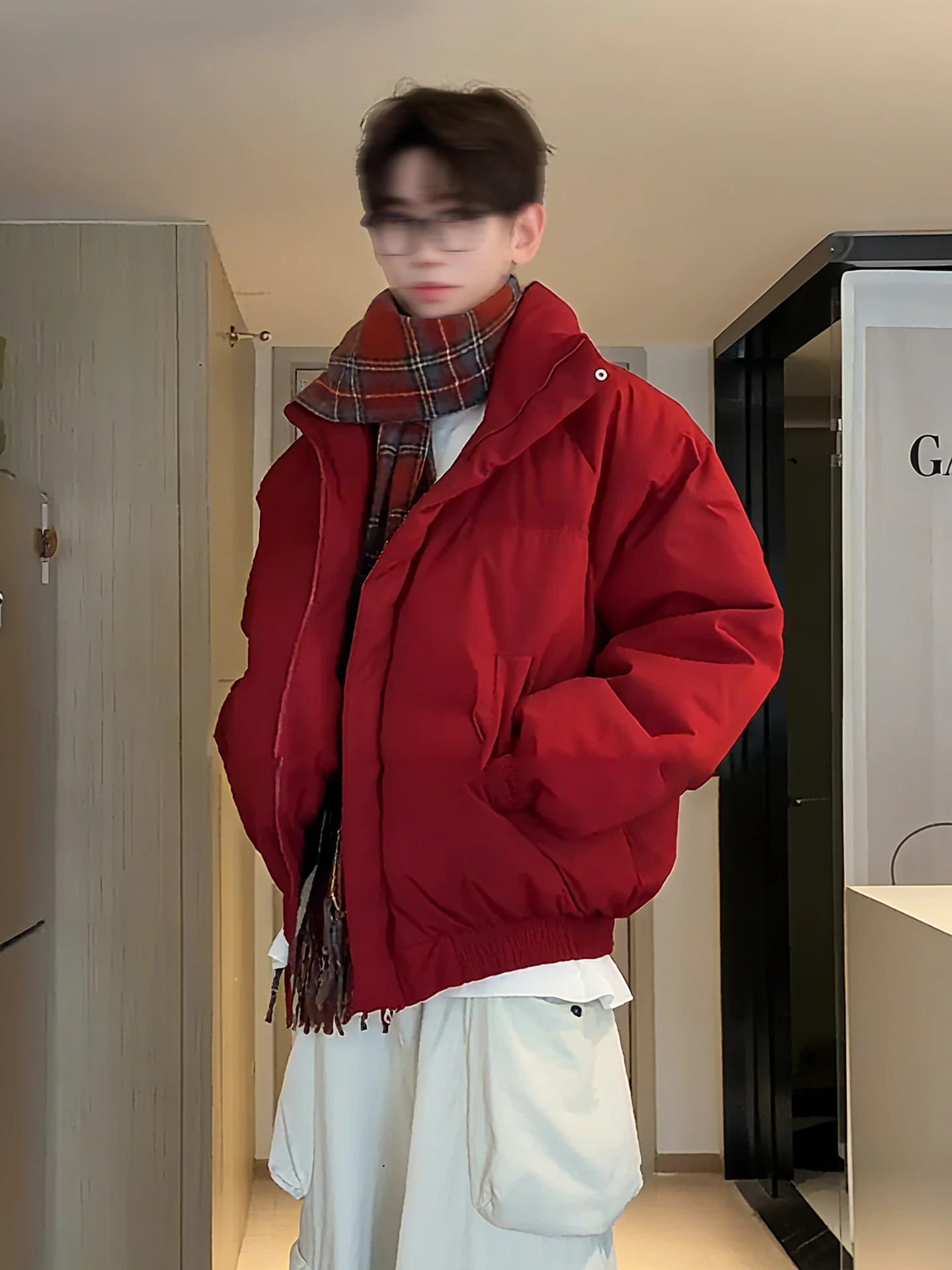 

Red Wine Color American ort down Cotton Jaet Men's Winter Faion High-End Feeling Cotton Coat Couple's Bread Clothes