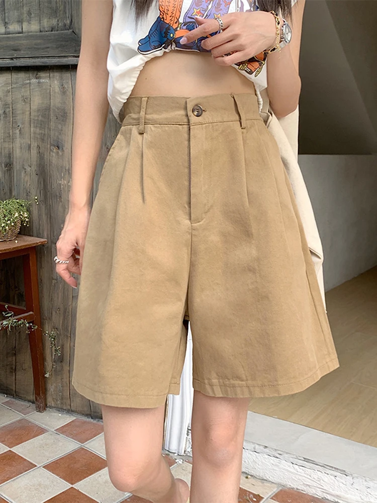 

Solid Shorts 2023 New Summer Women's Thin High Waist Loose Wide Leg Middle Pant Straight A-Line Casual Commuter 5/4 Suit Pants