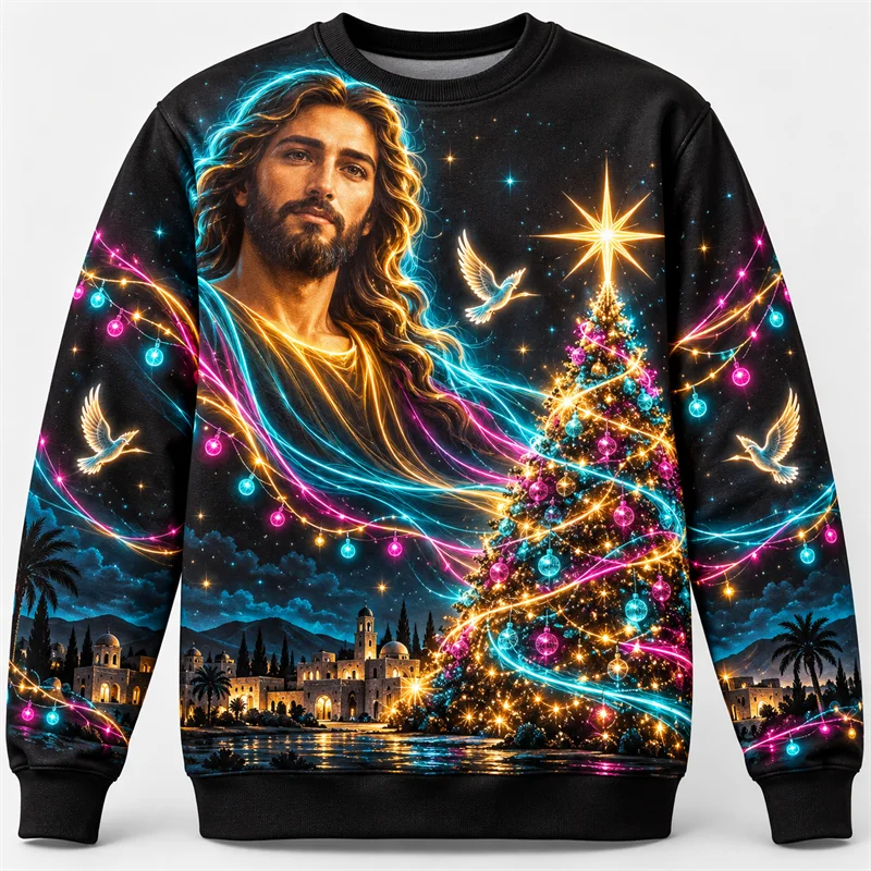 Jesus Christ Christmas Sweatshirt Men Nativity Dove Poinsettia Stained Glass Print Crewneck Long Sleeve Faith Holiday Pullover