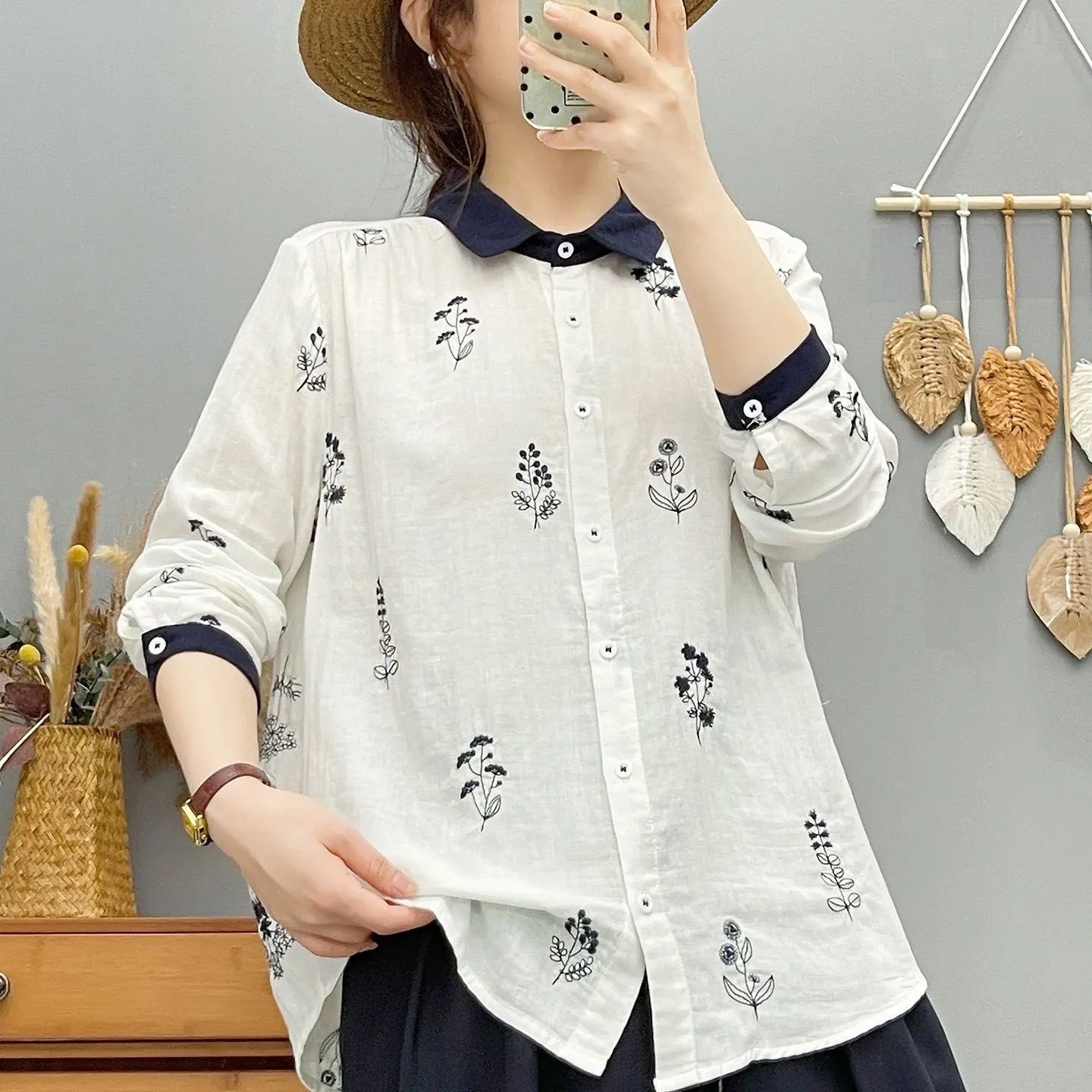 

Ретро-художественная хлопковая рубашка с длинным рукавом и вышивкой, женская свободная блузка на одной пуговице, двухслойная, из хлопковой пряжи, повседневный стиль