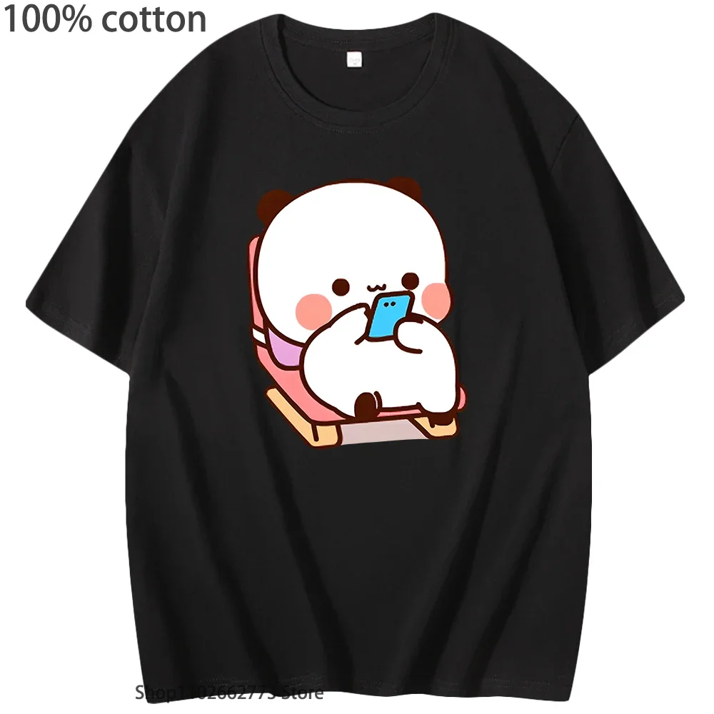 Cute Lying Bubu Is Playing Smartphone Graphic T-Shirts Panda Bear Shirts Kawaii Funny Women Men Clothing 100% Cotton Tees O-Neck