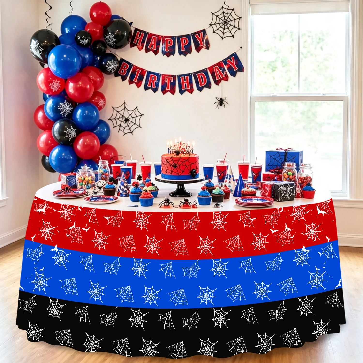 Red Blue Black Spider Web Table Skirt Spandex Table Cover Superhero Boys Birthday Baby Shower Party Dessert Table Decor Supplies