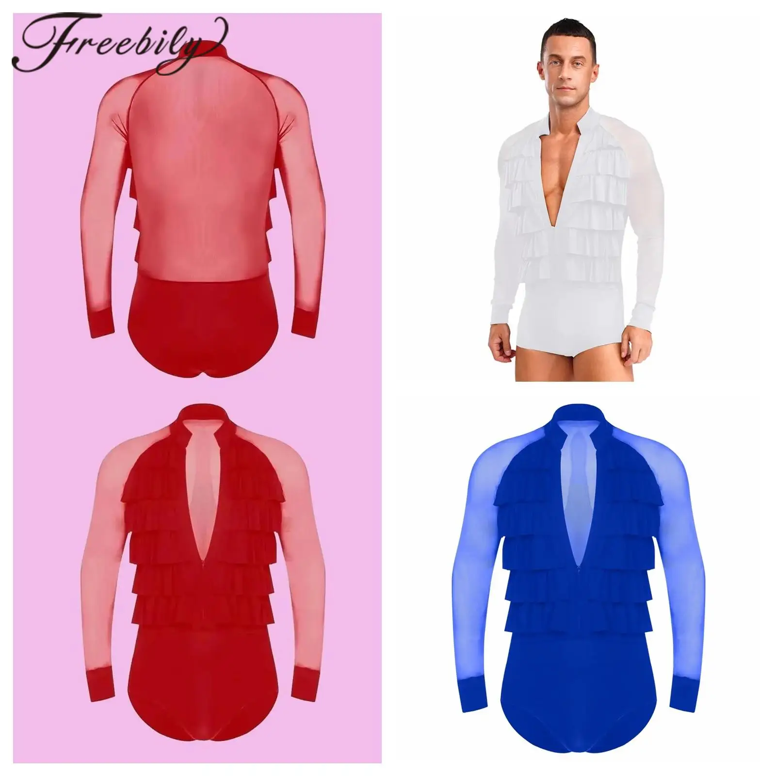 

Гимнастический комбинезон для мужчин, многоярусные рубашки с оборками, румба, чача, танго, танцевальный купальник с длинными рукавами, сетчатое боди для латинских танцев, топы