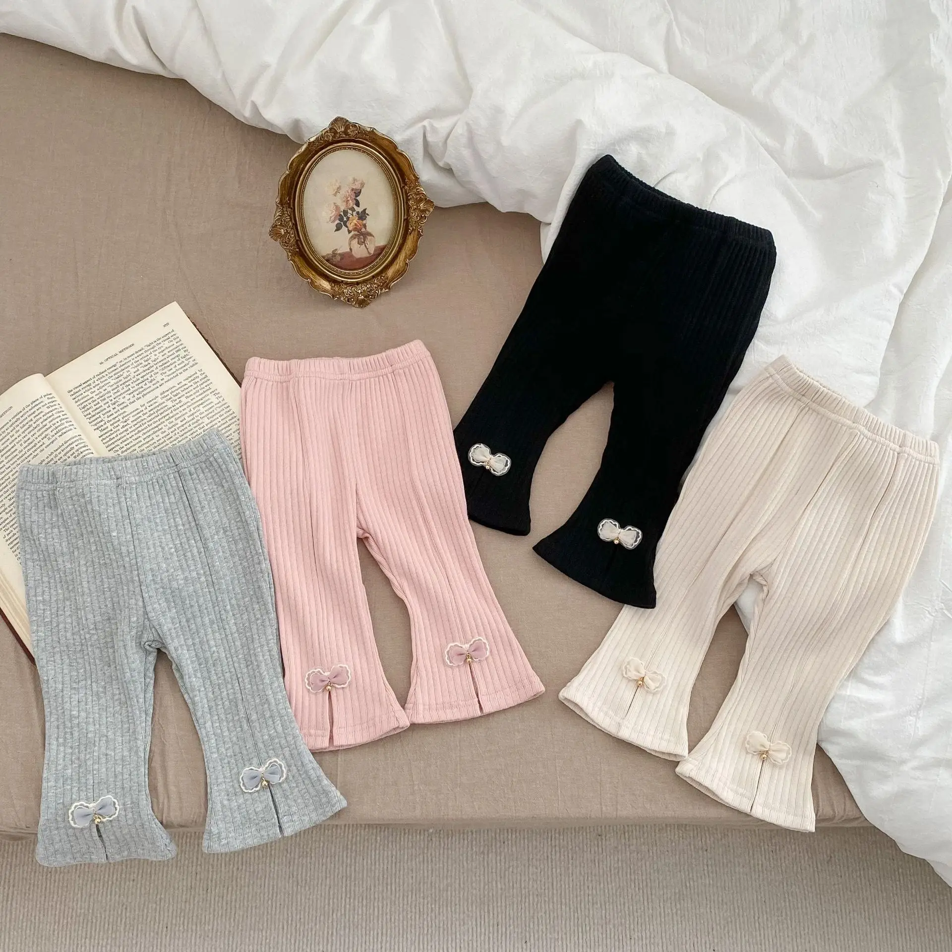 Infant Trousers Cute Baby Girl Bow Flared Pants Toddler Stretch Pants Kids Casual Pants 2025 Autumn New Girls Ribbed Leggings